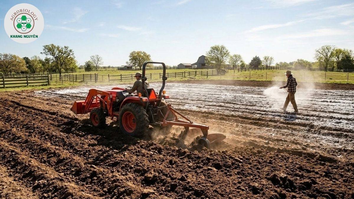 Cày xới phơi ải và rải vôi xử lý đất trồng sầu riêng