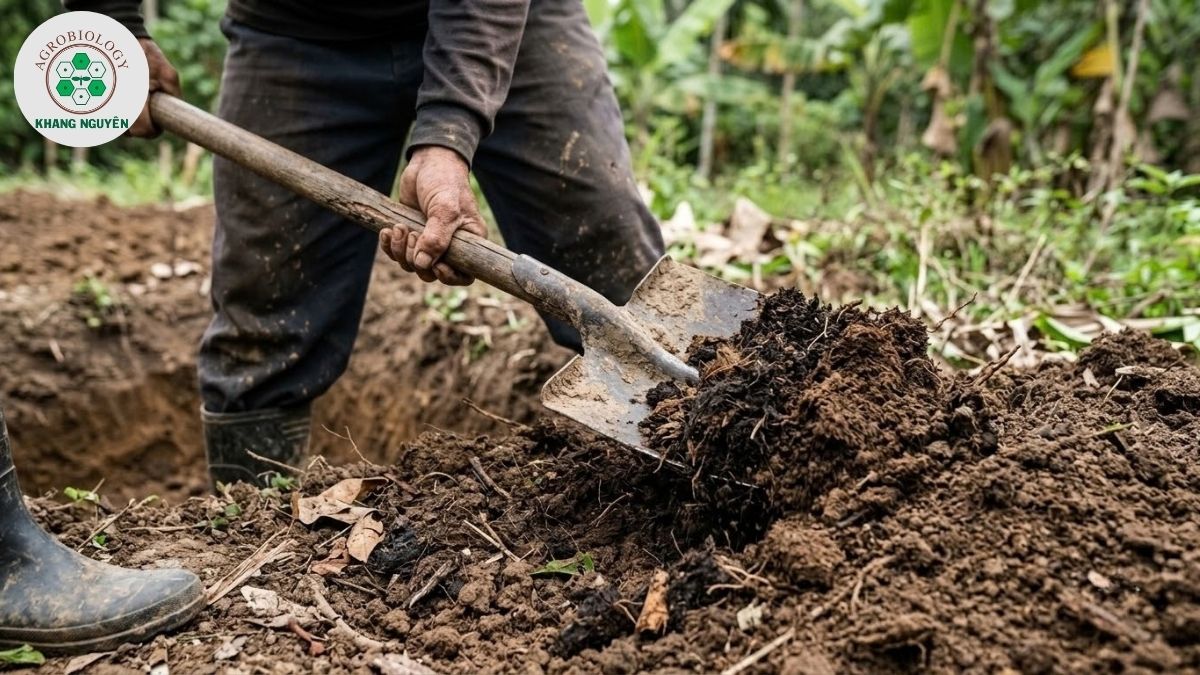 Phối trộn phân chuồng hoai mục và Tricho-Bacte bón lót đất