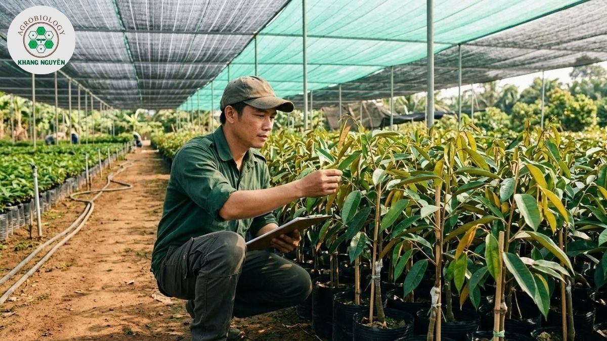 Chăm sóc cây giống sầu riêng sau ghép bằng giải pháp sinh học Khang Nguyên

