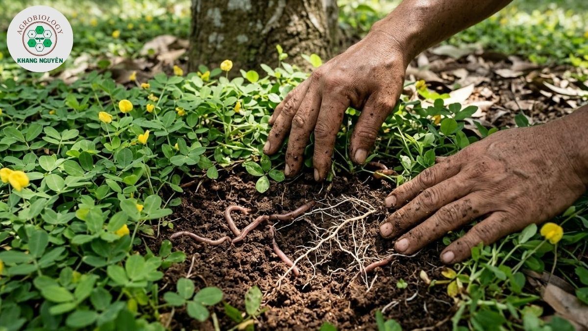 Nền đất tơi xốp giàu vi sinh trong mô hình sầu riêng sinh thái