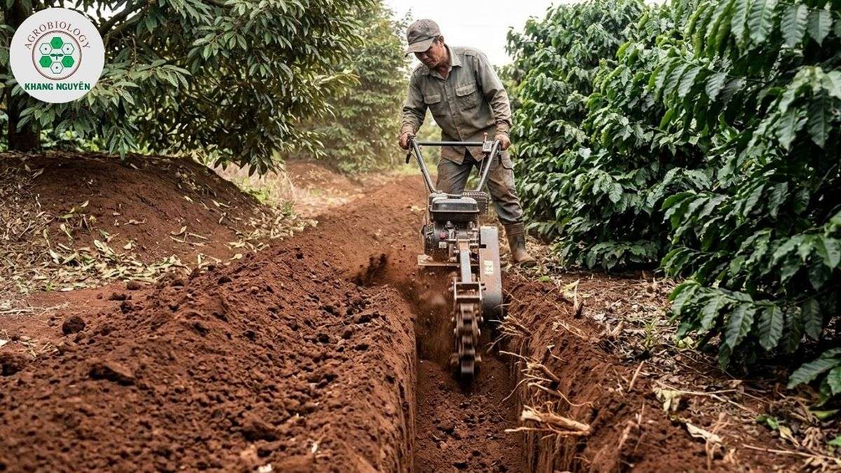 Kỹ thuật đào rãnh cách ly rễ sầu riêng và rễ cà phê