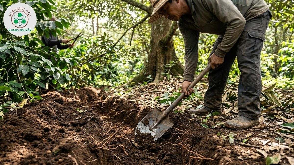 Đào rãnh cách ly rễ và tỉa cành cây xen canh cho sầu riêng đón sáng